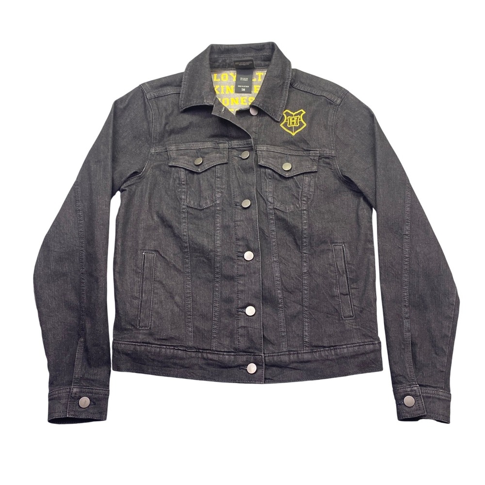 Harry Potter Hufflepuff Black Denim Jacket Small Badger Graphic Loyalty Kindness